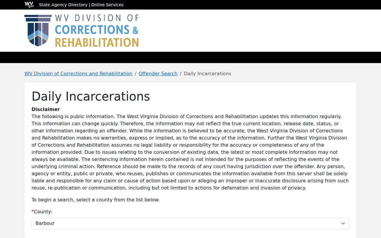 Morgan County date-based admissions source from official WVDCR Daily Incarcerations