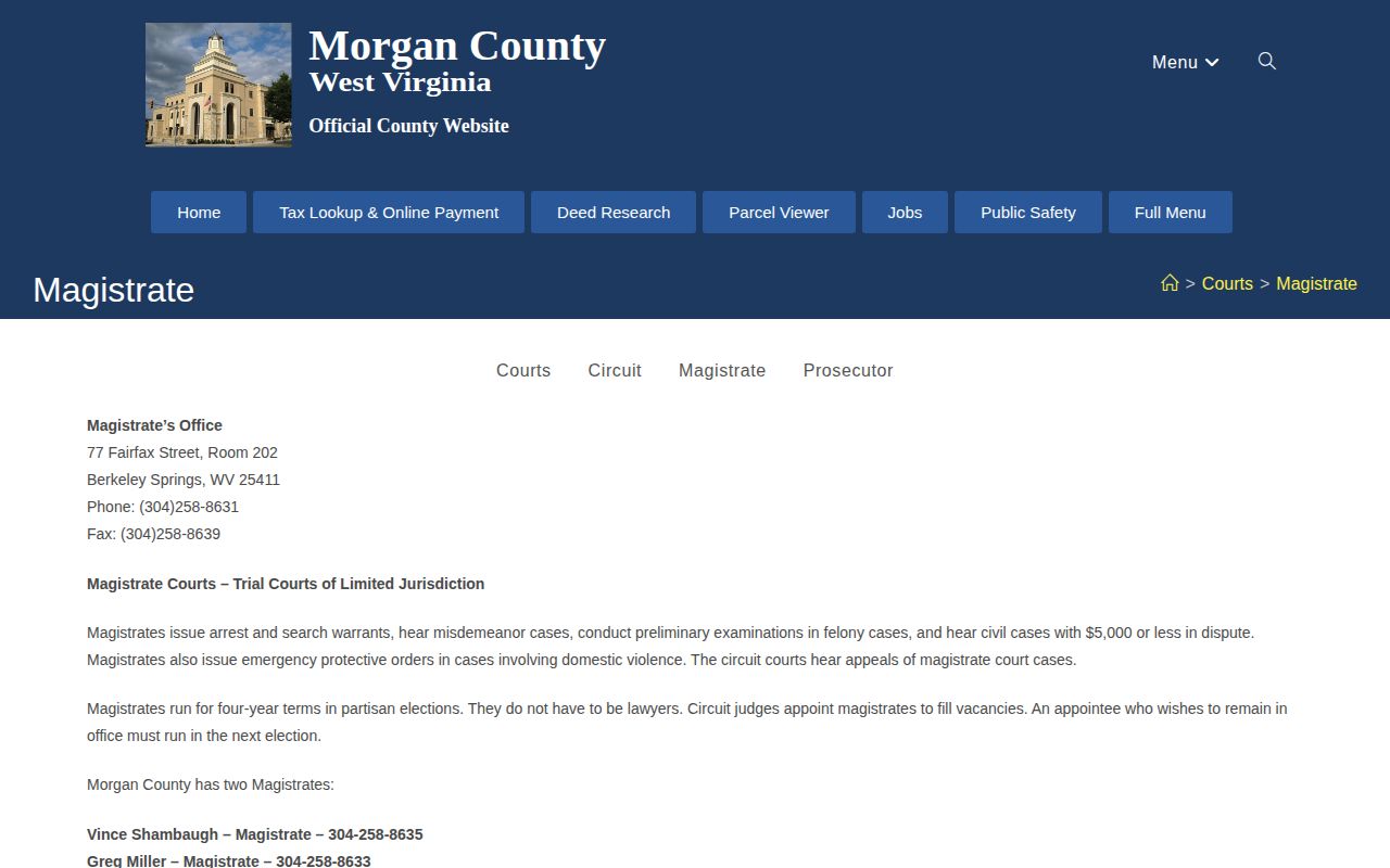 Screenshot of the official Morgan County Magistrate page, showing the magistrate court contact information and warrant role